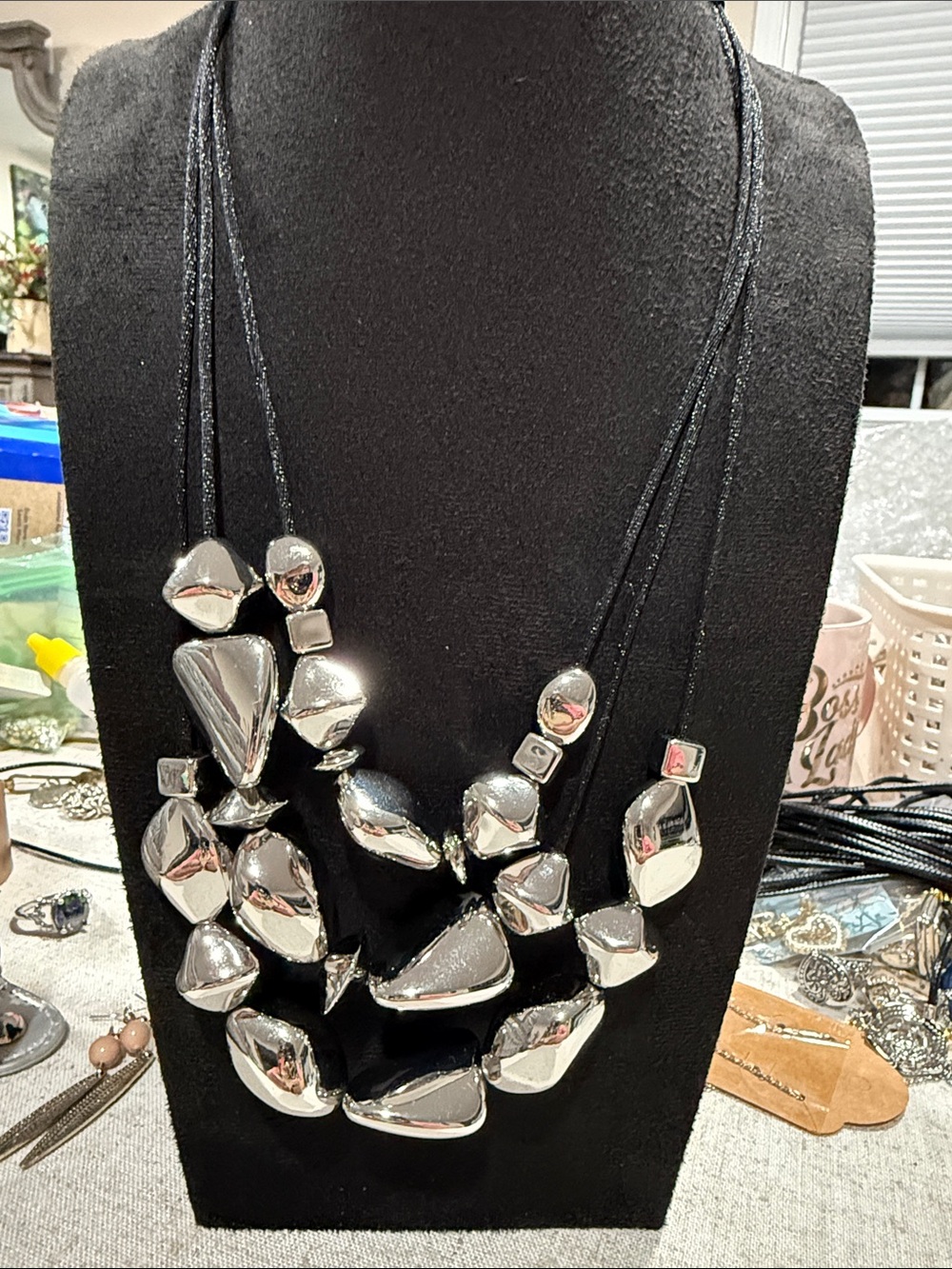 Chico's Silver Pebble Nugget Triple Strand Statement Necklace Black Cord